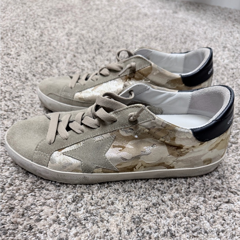 Golden Goose Beige and Gold Sneakers